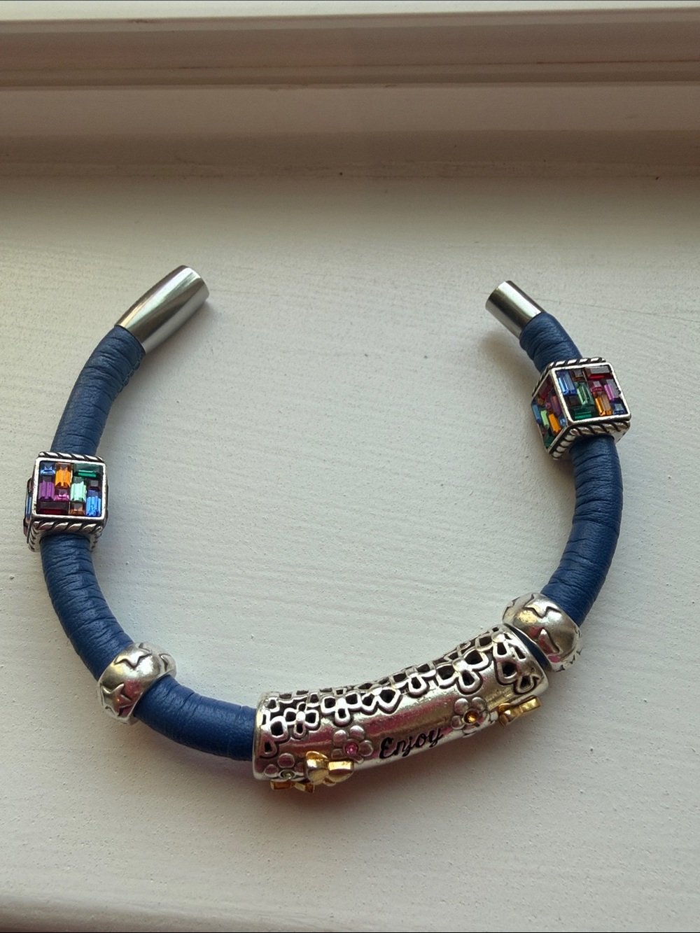 Brighton Blue Leather Woodstock Slide Charm Bracelet Interlocking Magnetic